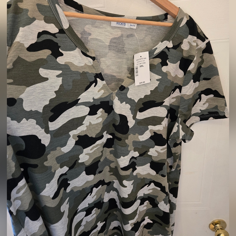 XXL Ricki's Green Beige Grey Black  Camouflage V-Neck T-Shirt Dress Tunic - Picture 3 of 7